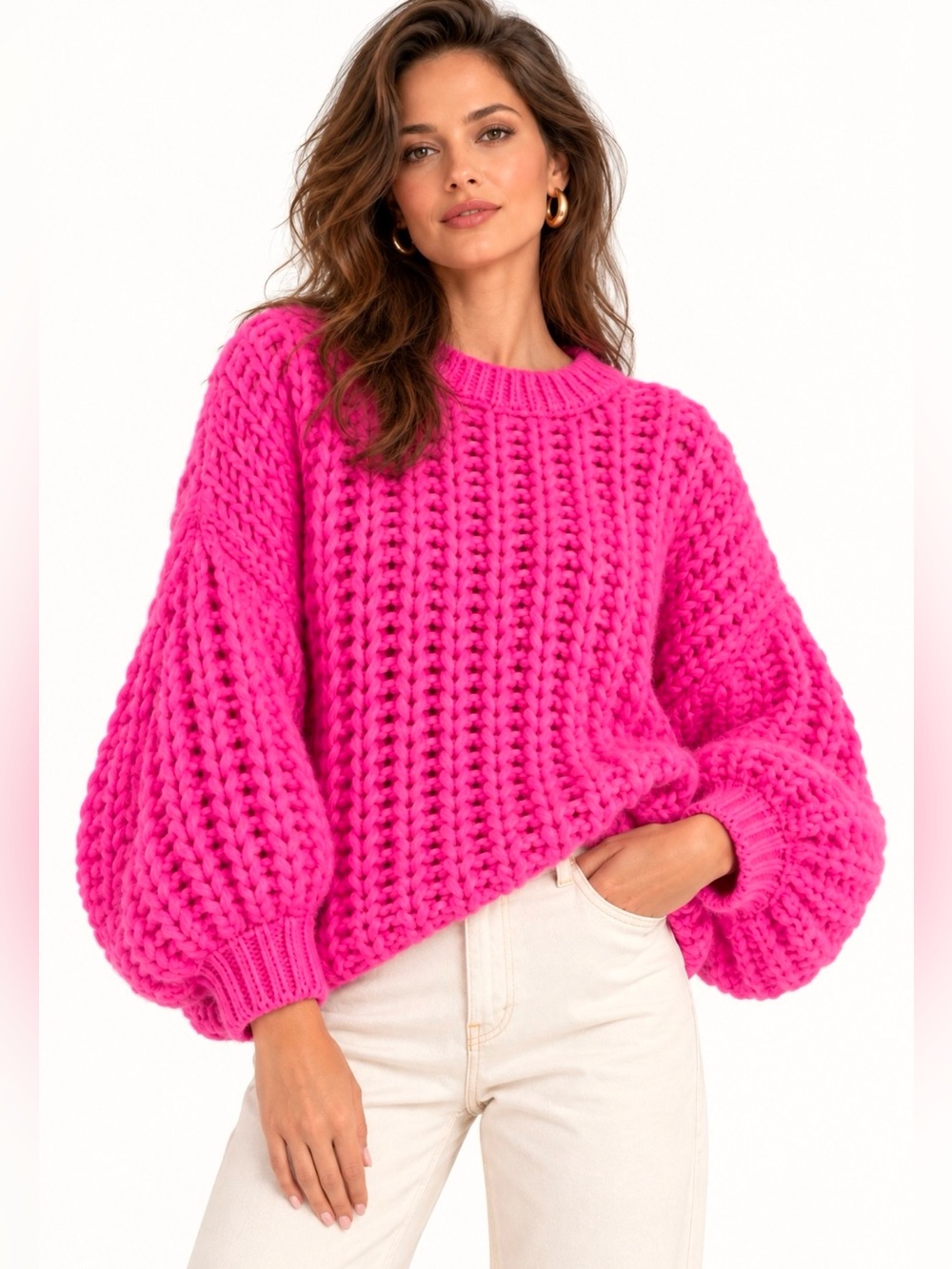 Fobya Hot Pink Alpaca Wool Chunky Open Knit 3/4 Sleeve Oversized Sweater